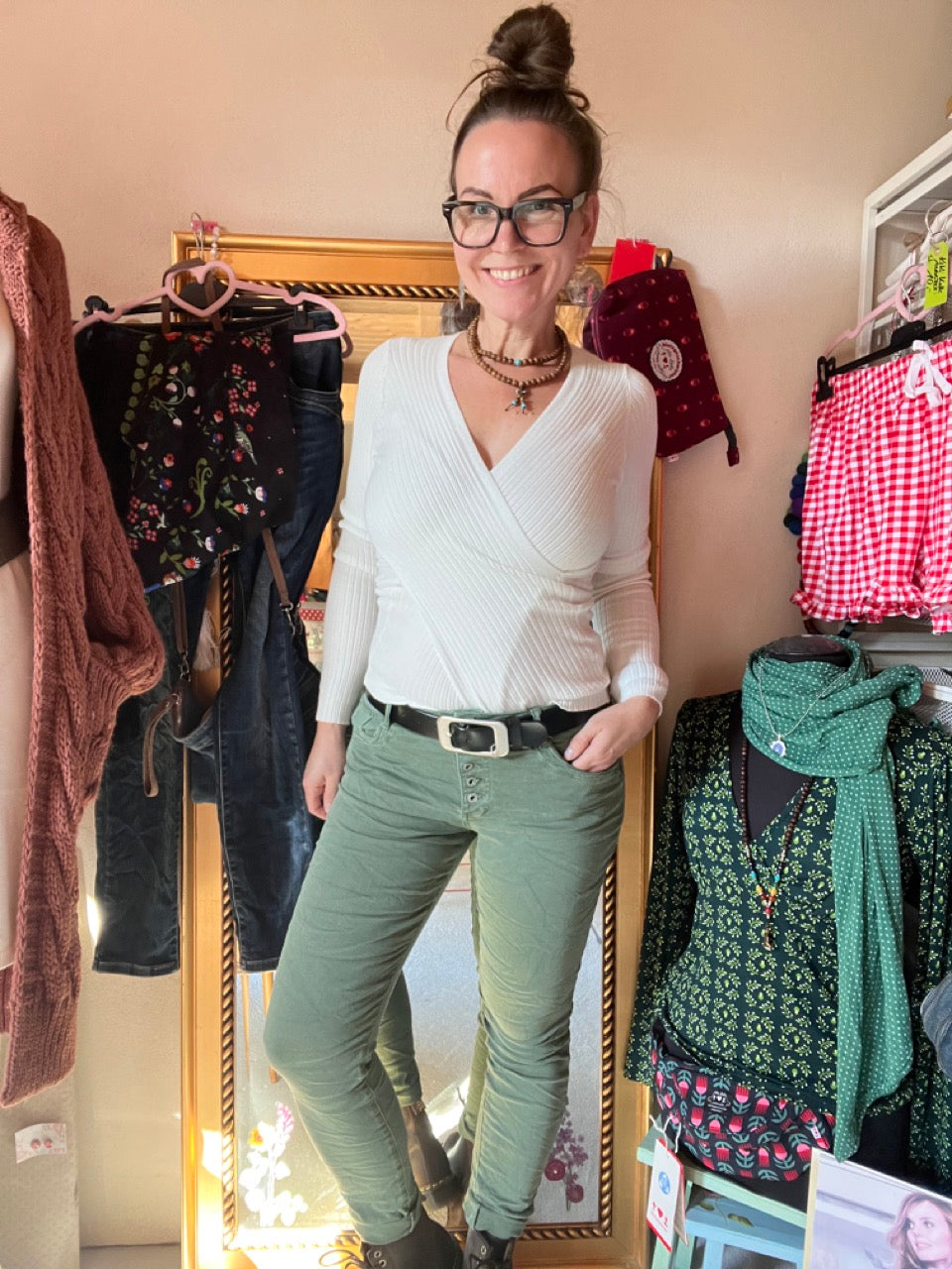 Hose Jeans Fünfknopf Olive Grün