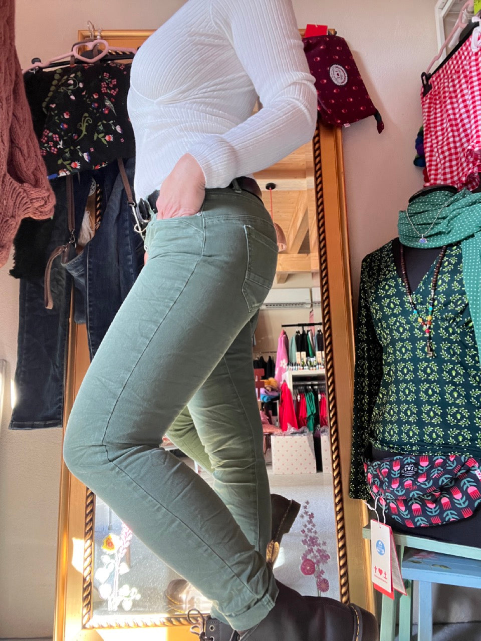Hose Jeans Fünfknopf Olive Grün