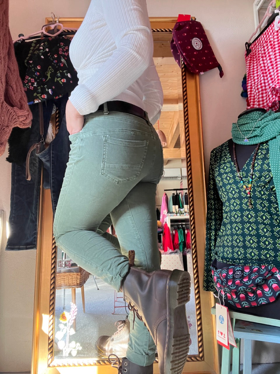 Hose Jeans Fünfknopf Olive Grün