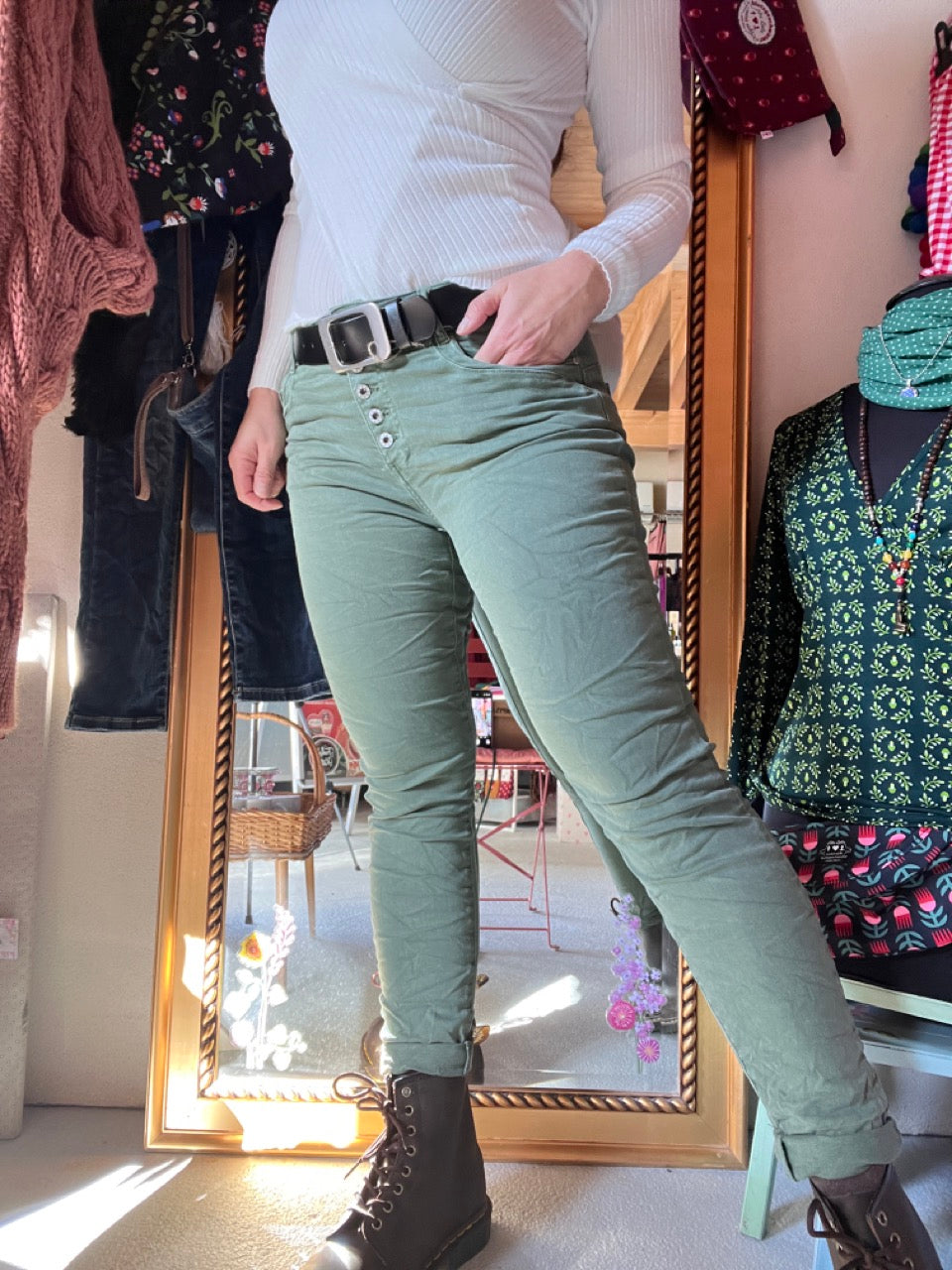 Hose Jeans Fünfknopf Olive Grün