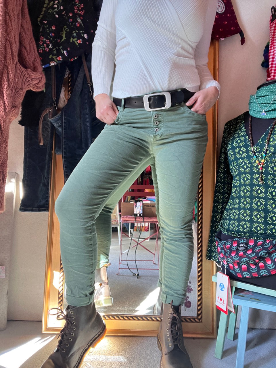 Hose Jeans Fünfknopf Olive Grün