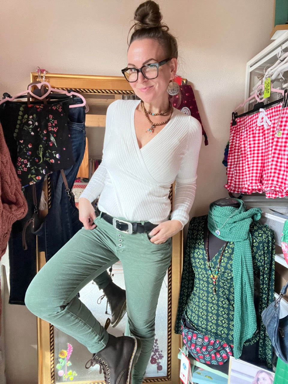 Hose Jeans Fünfknopf Olive Grün