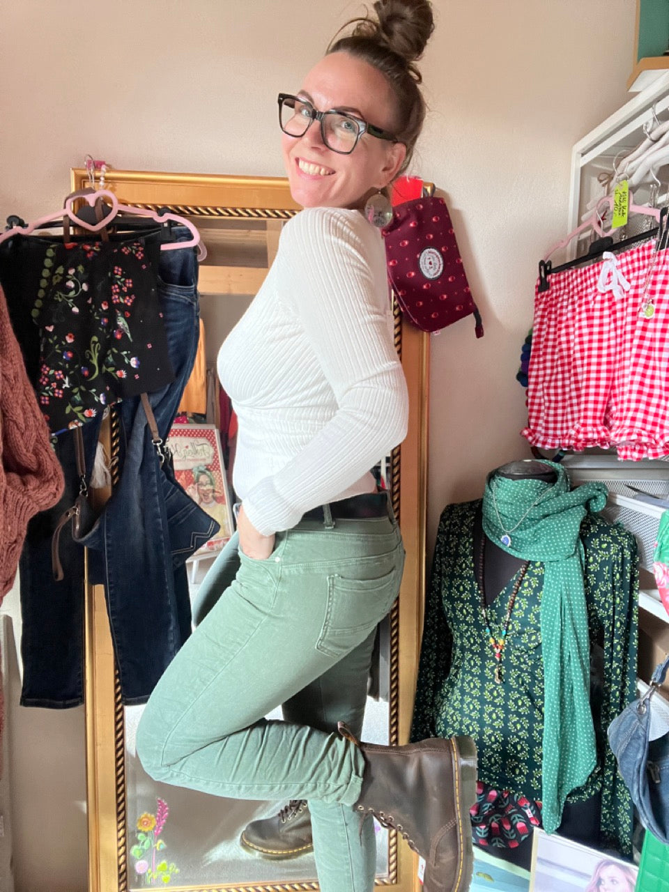 Hose Jeans Fünfknopf Olive Grün