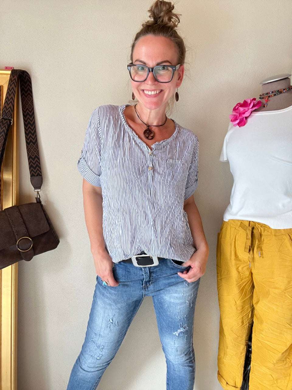 Shirt Knopfsache Hellblau Weiß