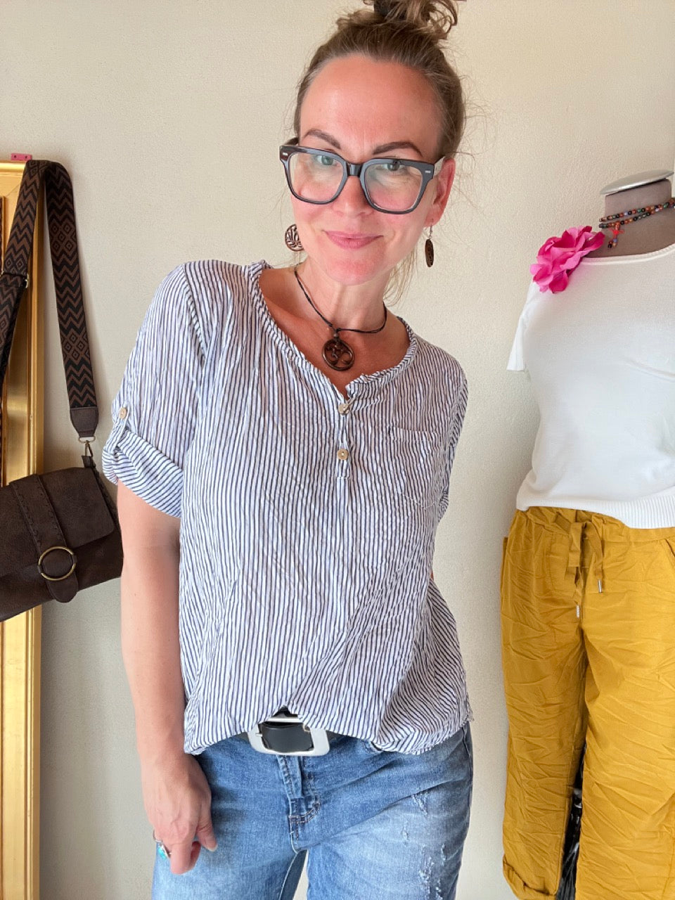 Shirt Knopfsache Hellblau Weiß