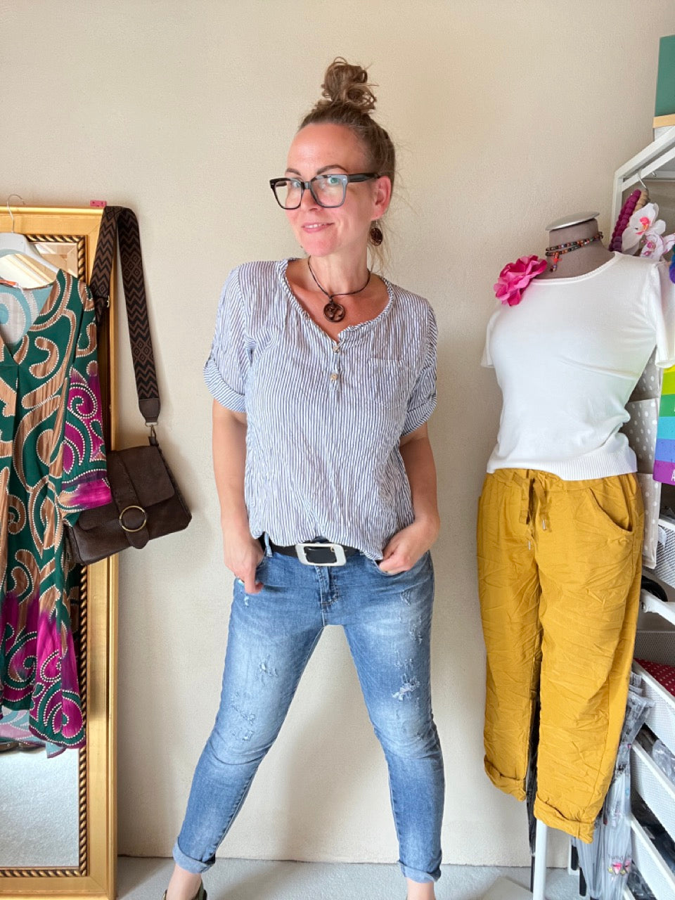 Shirt Knopfsache Hellblau Weiß
