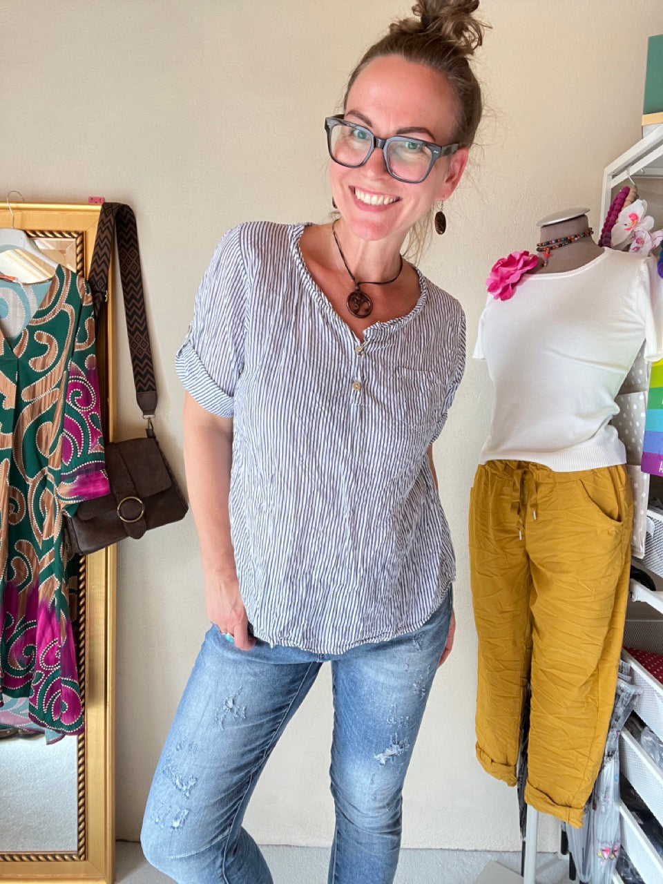 Shirt Knopfsache Hellblau Weiß