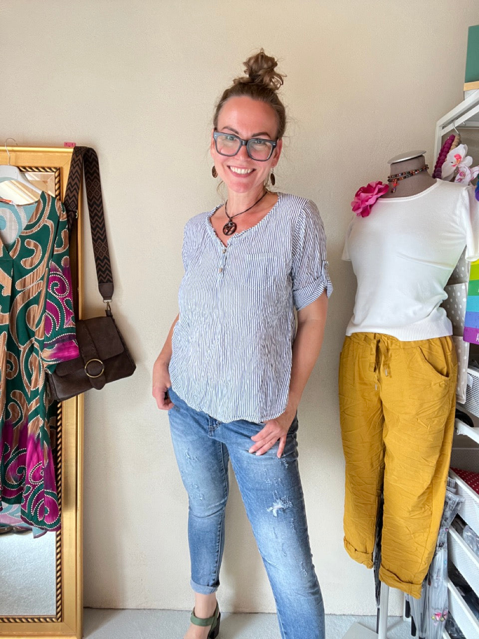 Shirt Knopfsache Hellblau Weiß