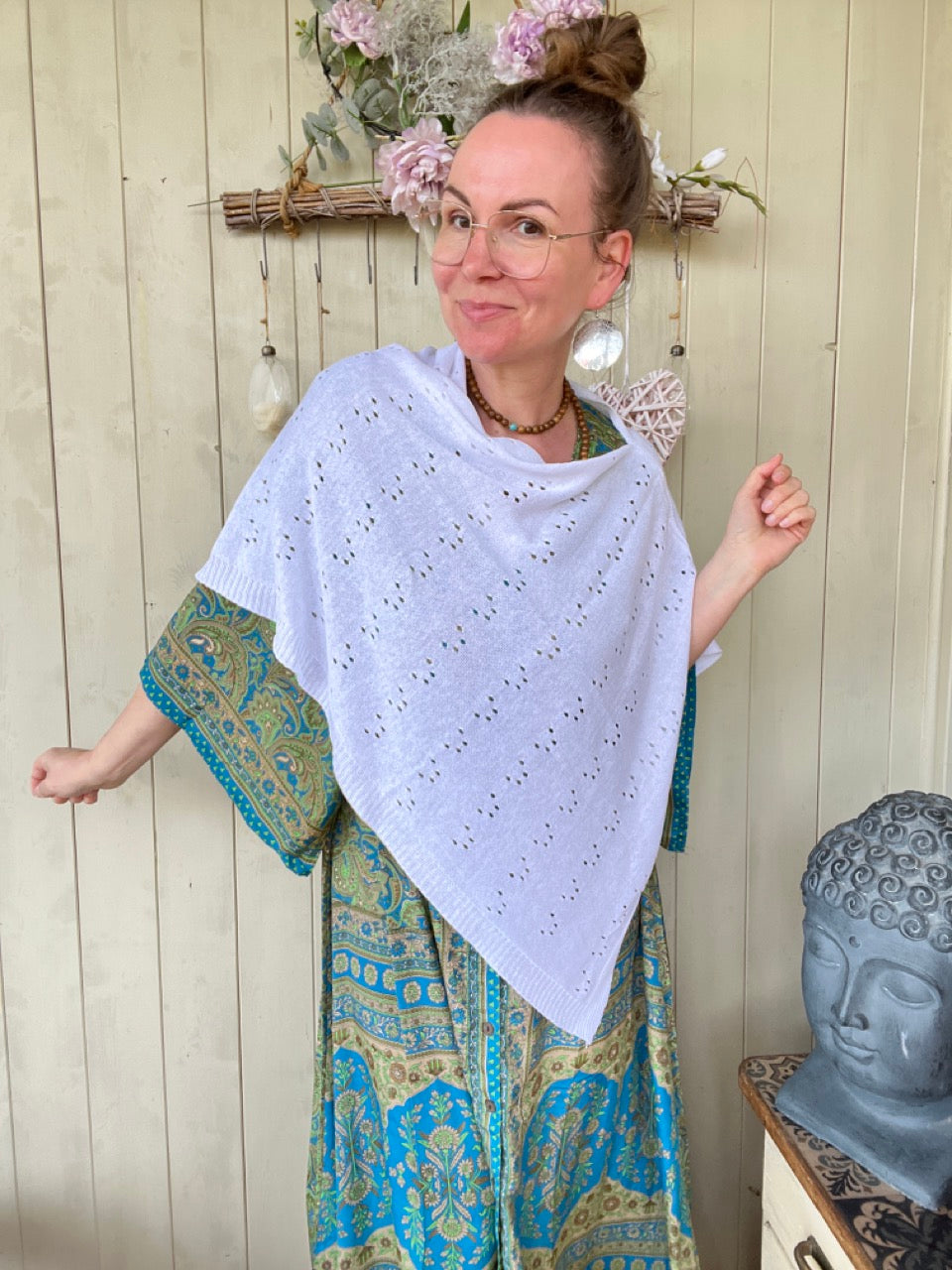 Sommer Poncho Herzl Weiß