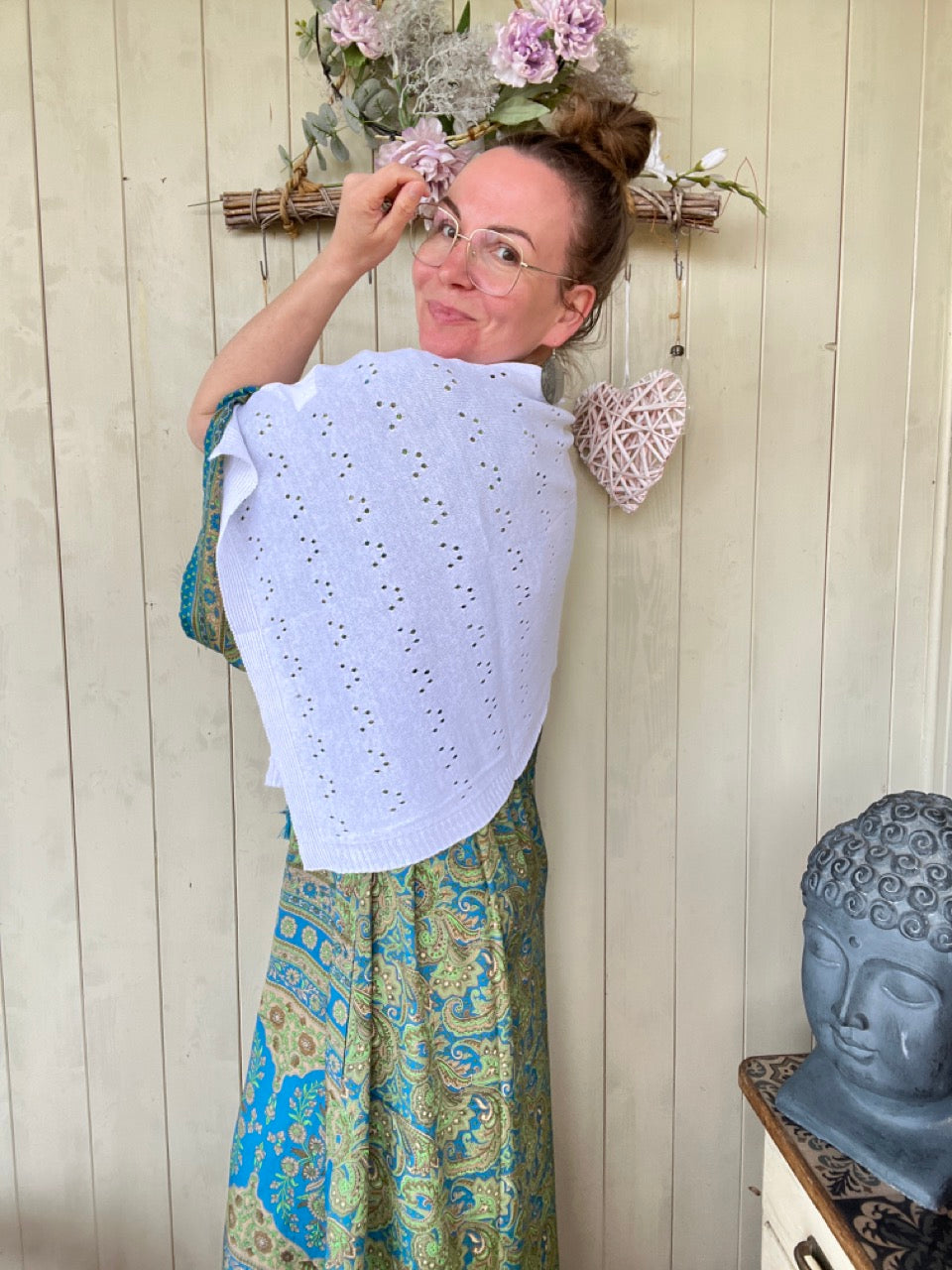 Sommer Poncho Herzl Weiß