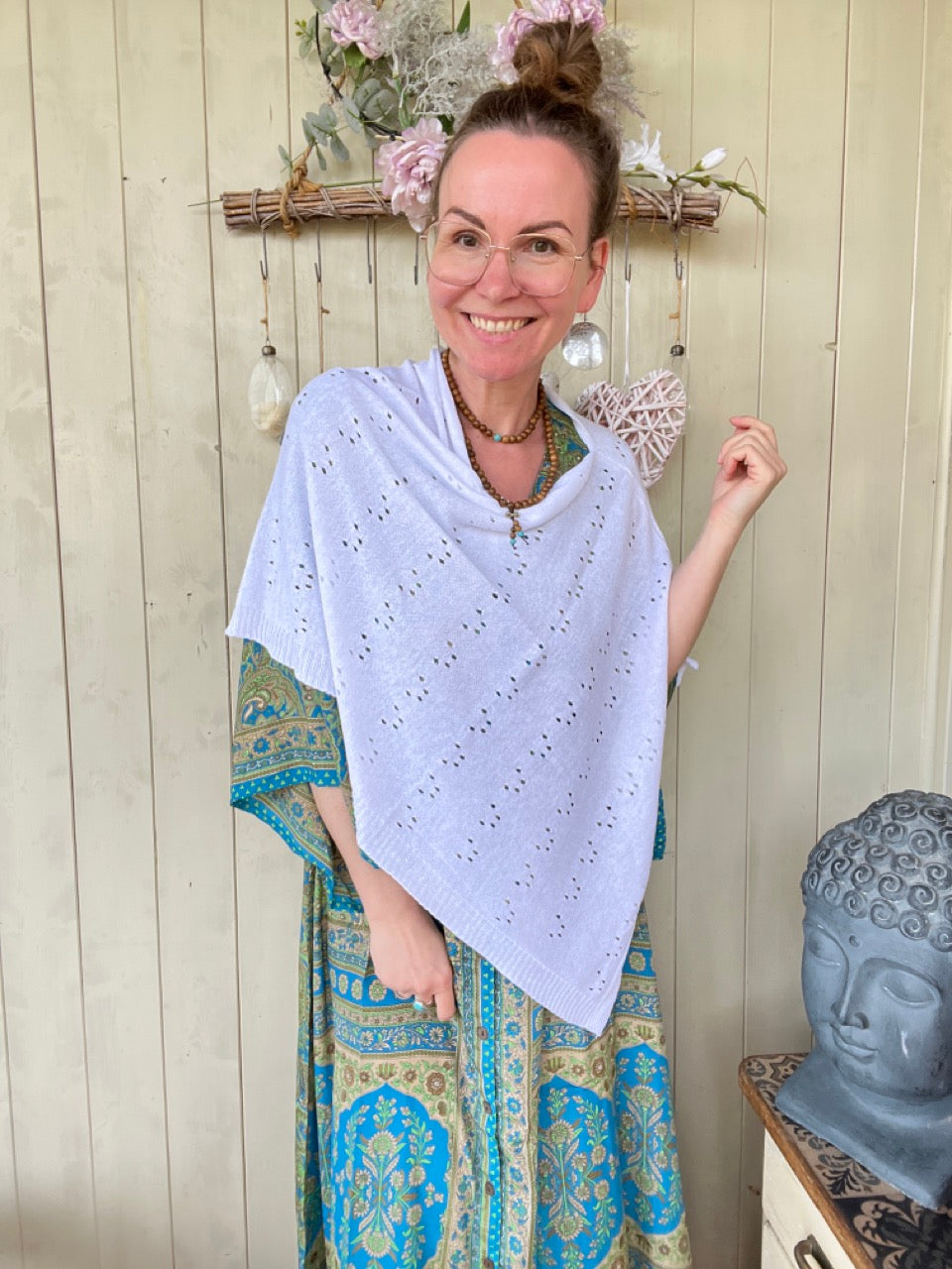 Sommer Poncho Herzl Weiß