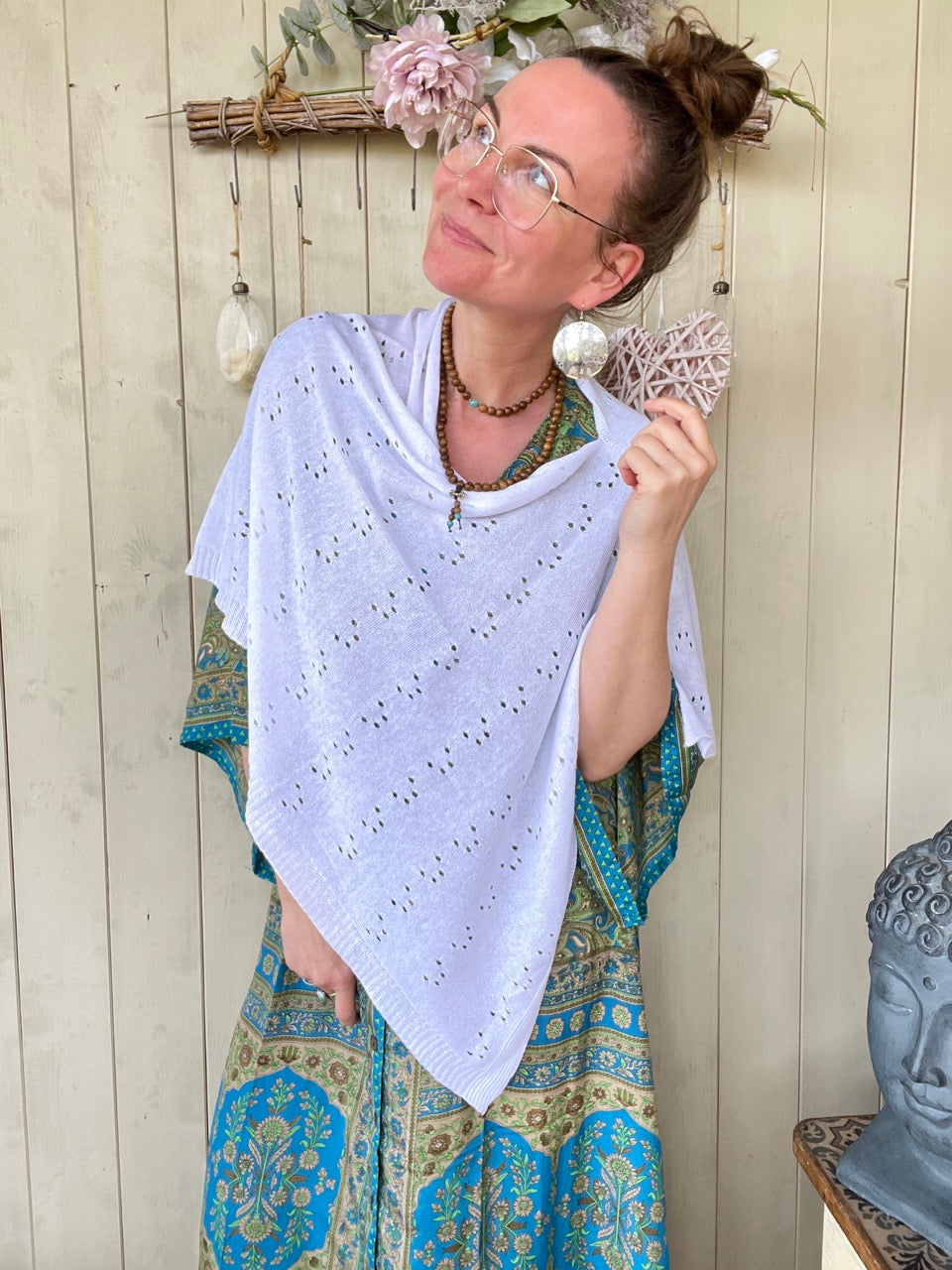 Sommer Poncho Herzl Weiß