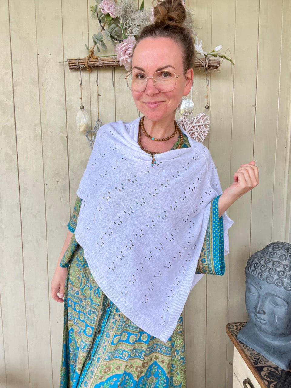 Sommer Poncho Herzl Weiß