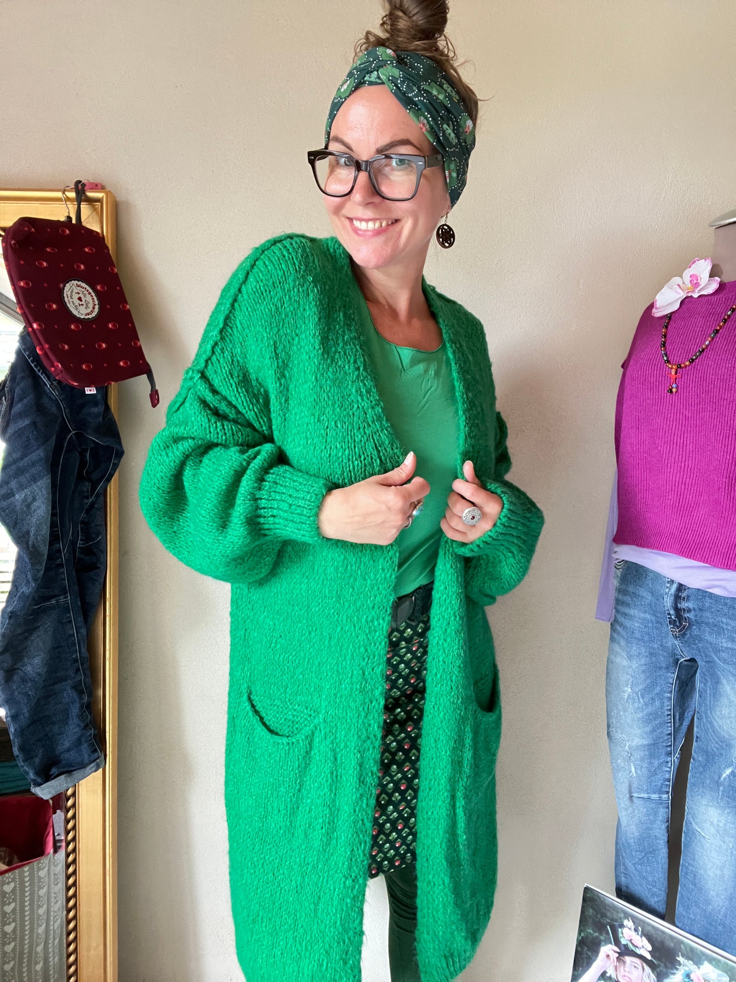 Strickmantel Frau Wolle Grün