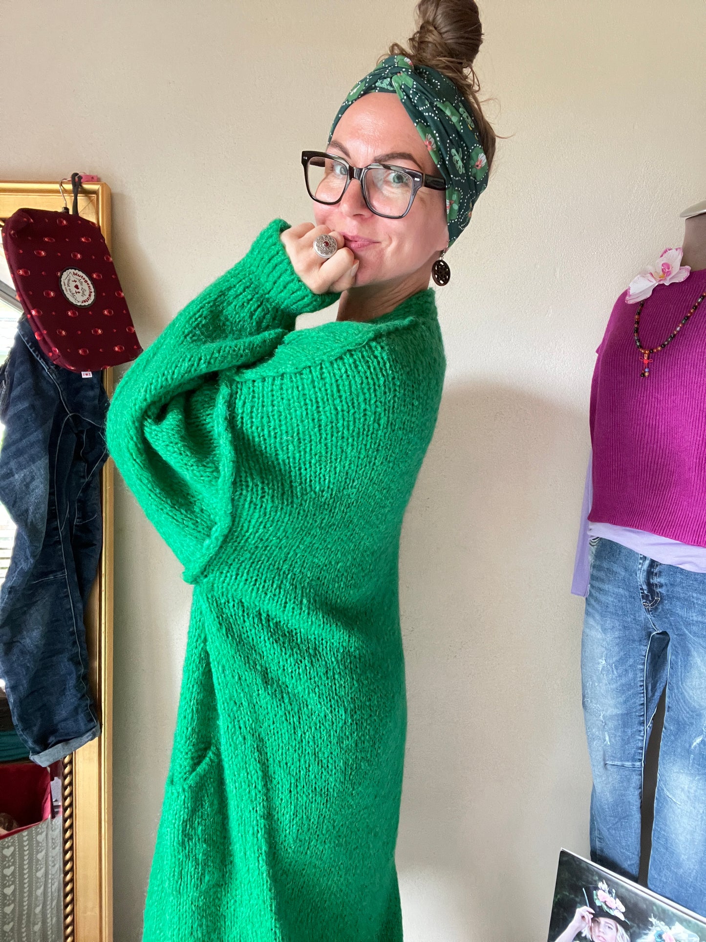 Strickmantel Frau Wolle Grün