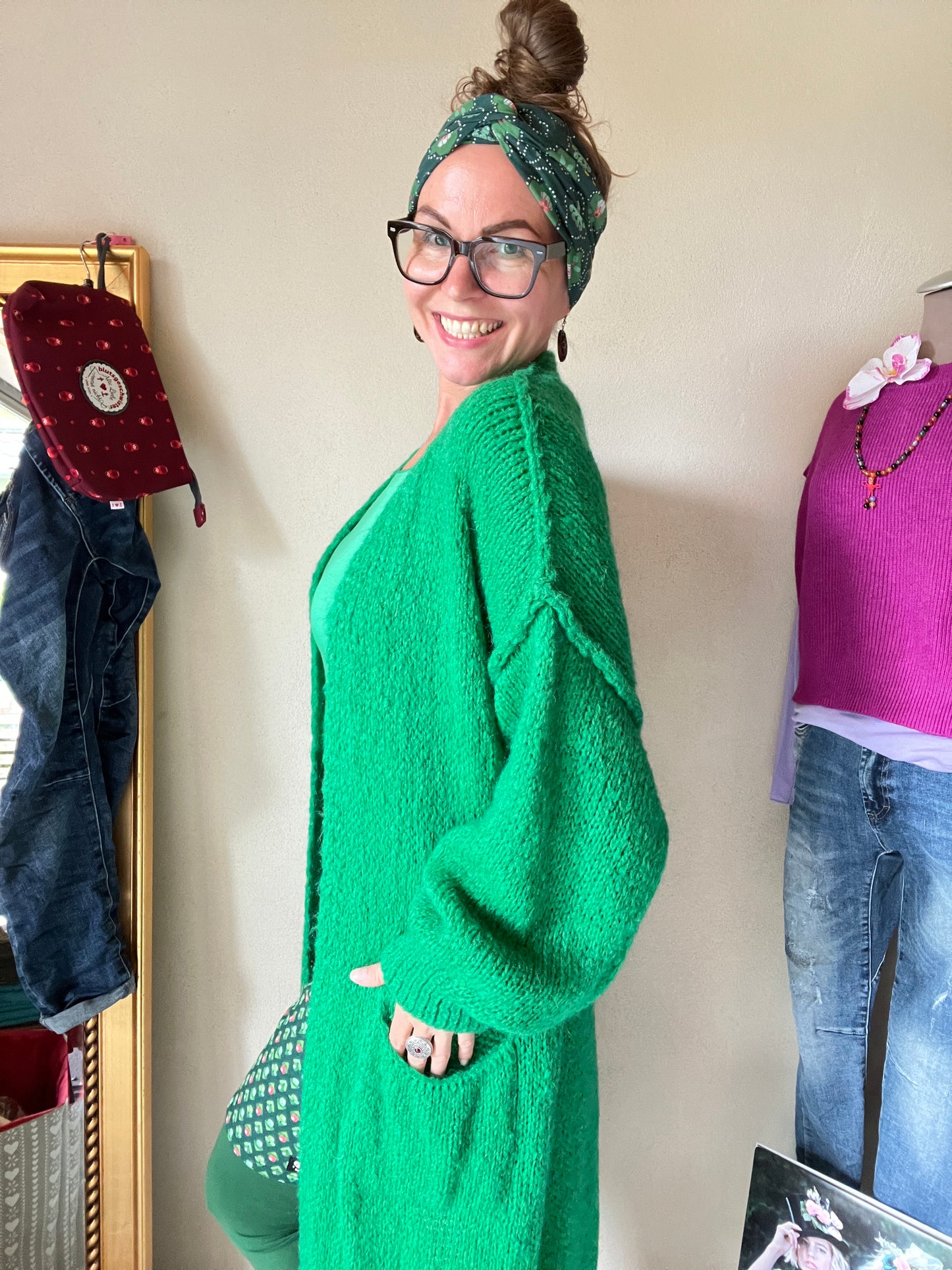 Strickmantel Frau Wolle Grün