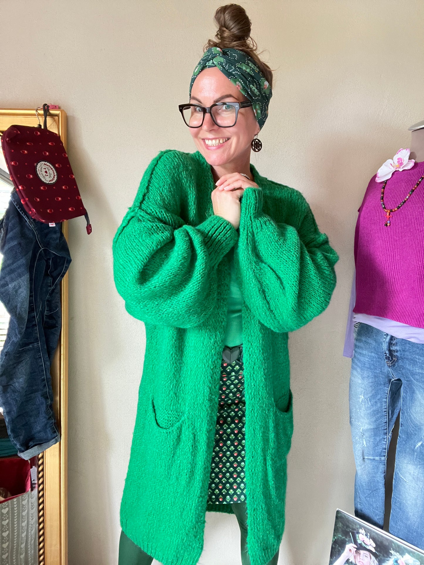 Strickmantel Frau Wolle Grün