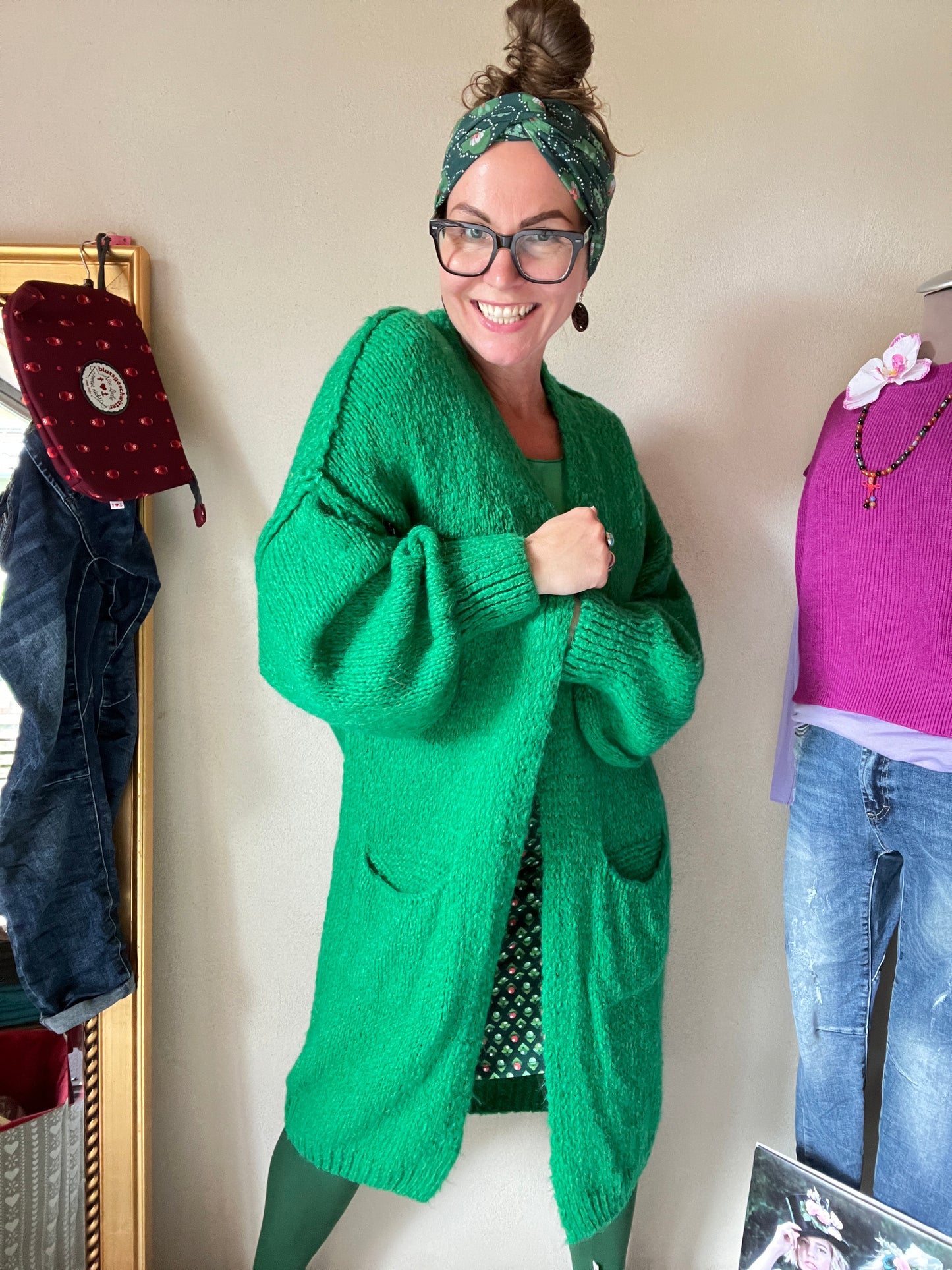 Strickmantel Frau Wolle Grün
