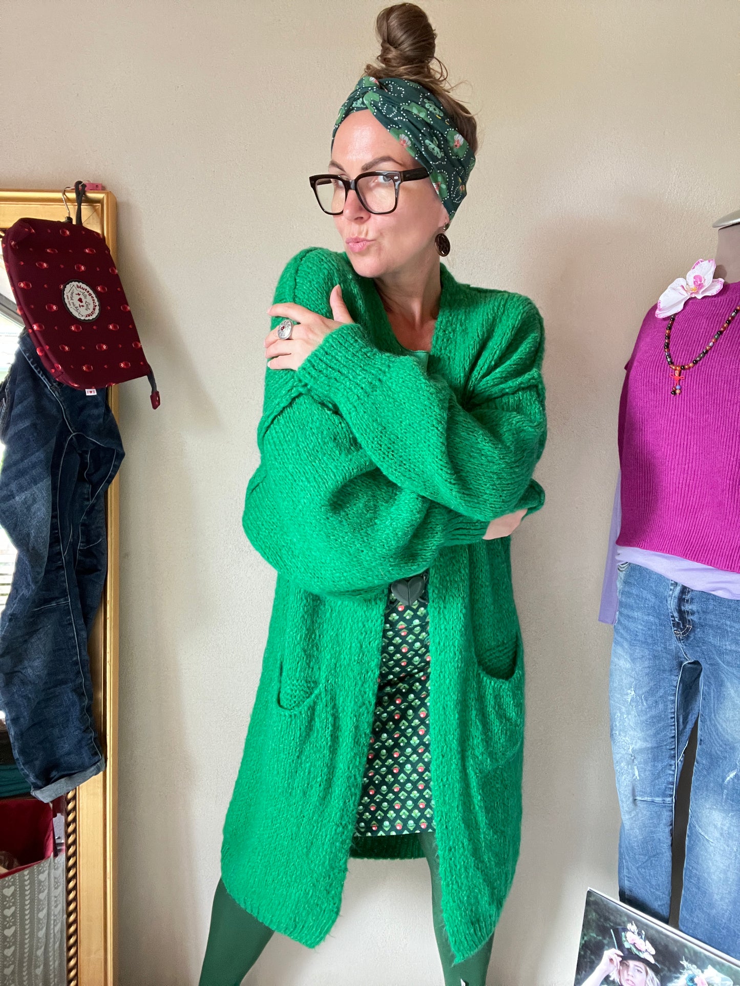 Strickmantel Frau Wolle Grün