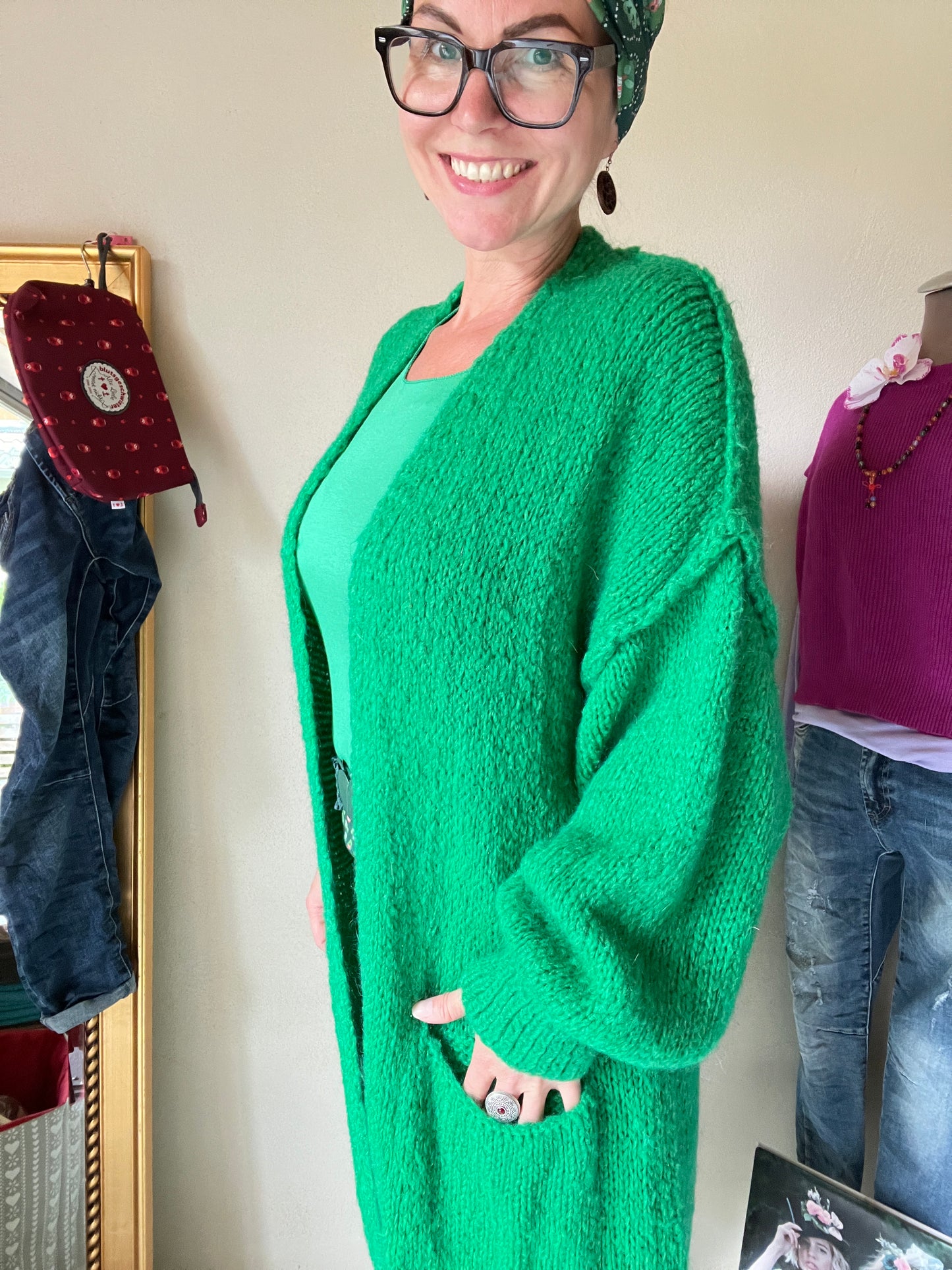 Strickmantel Frau Wolle Grün