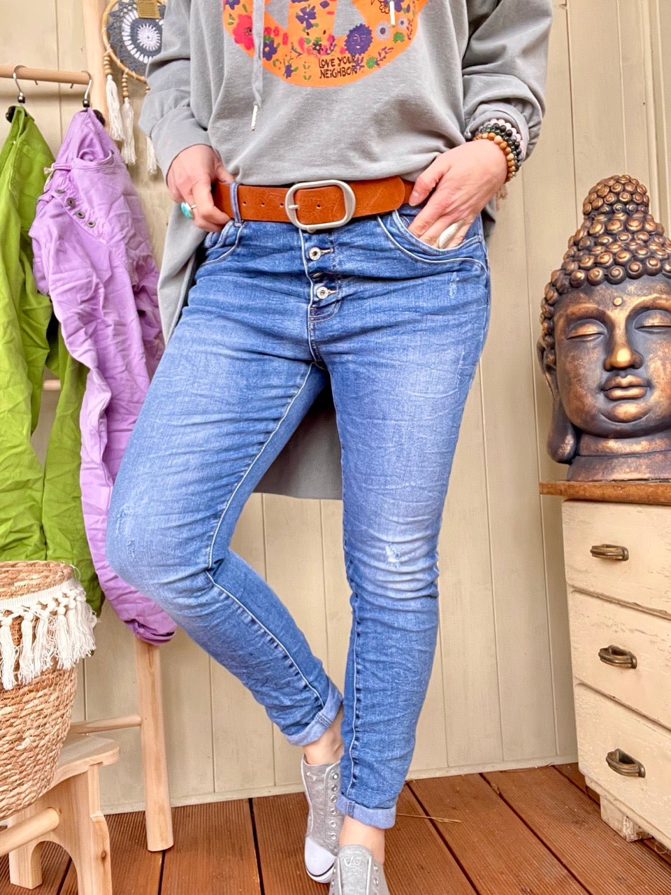 Hose Jeans Fünfknopf New Destroyed Look Light Denim - FROLLEIN KÄTHE Shop