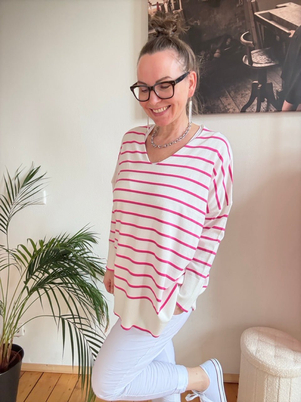 Pulli Cora Stripe Weiß Rose - FROLLEIN KÄTHE Shop