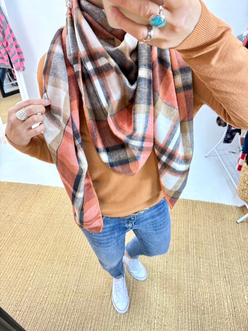 Schal Karo Karo Orange Weiß - FROLLEIN KÄTHE Shop