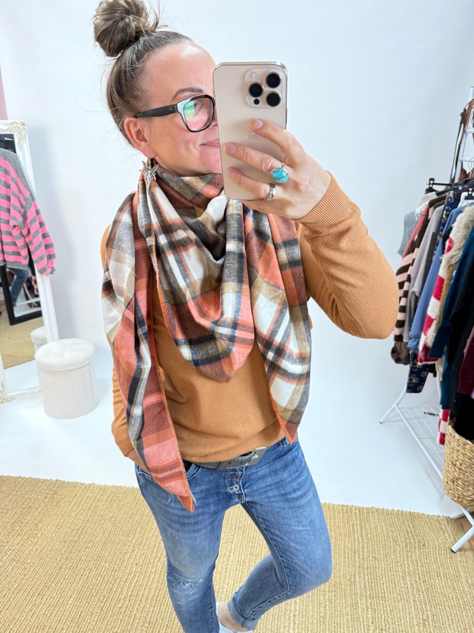 Schal Karo Karo Orange Weiß - FROLLEIN KÄTHE Shop