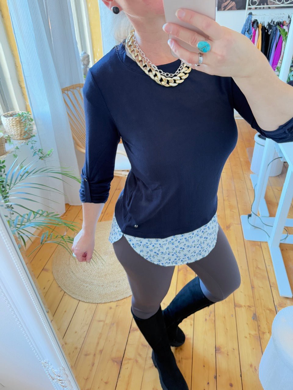 Shirt Langarm Blusenstyle Blümchen Blau - FROLLEIN KÄTHE Shop
