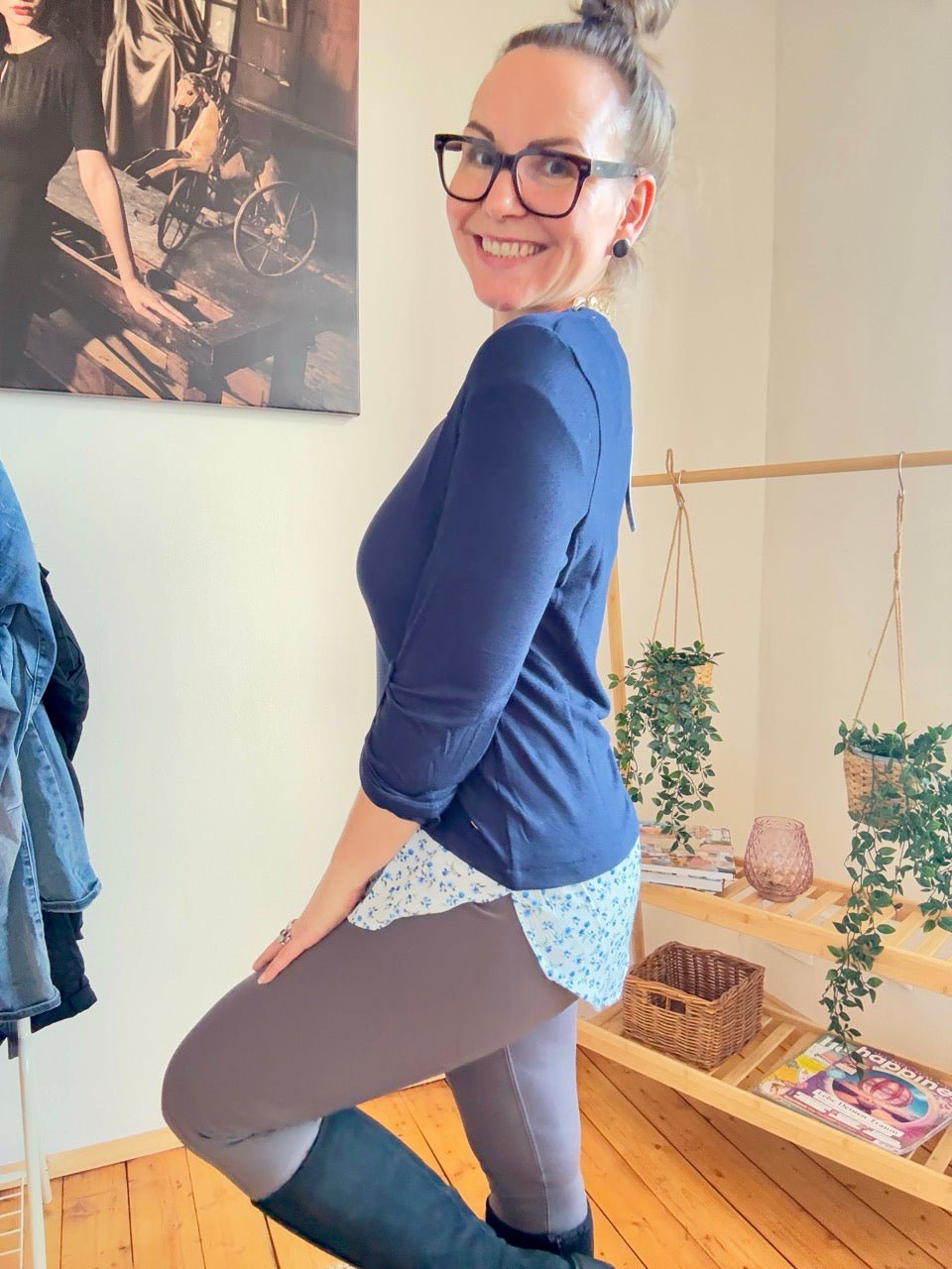 Shirt Langarm Blusenstyle Blümchen Blau - FROLLEIN KÄTHE Shop