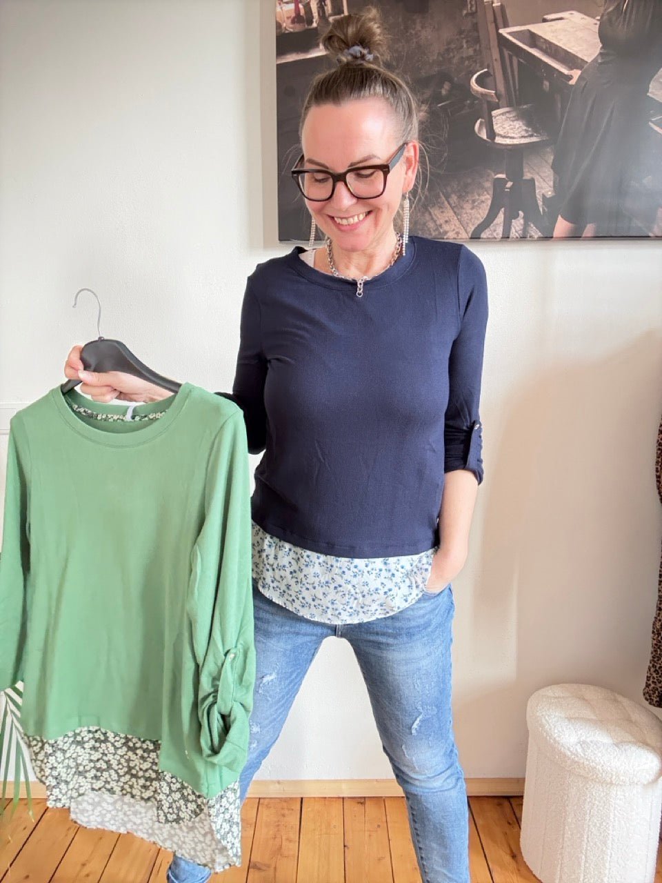 Shirt Langarm Blusenstyle Blümchen Blau - FROLLEIN KÄTHE Shop