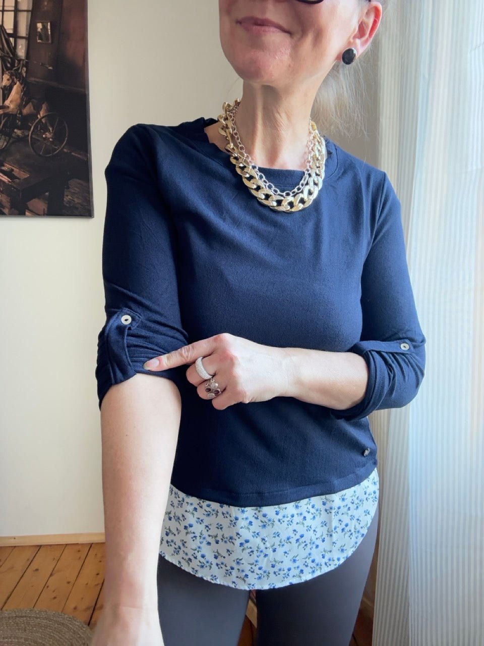 Shirt Langarm Blusenstyle Blümchen Blau - FROLLEIN KÄTHE Shop