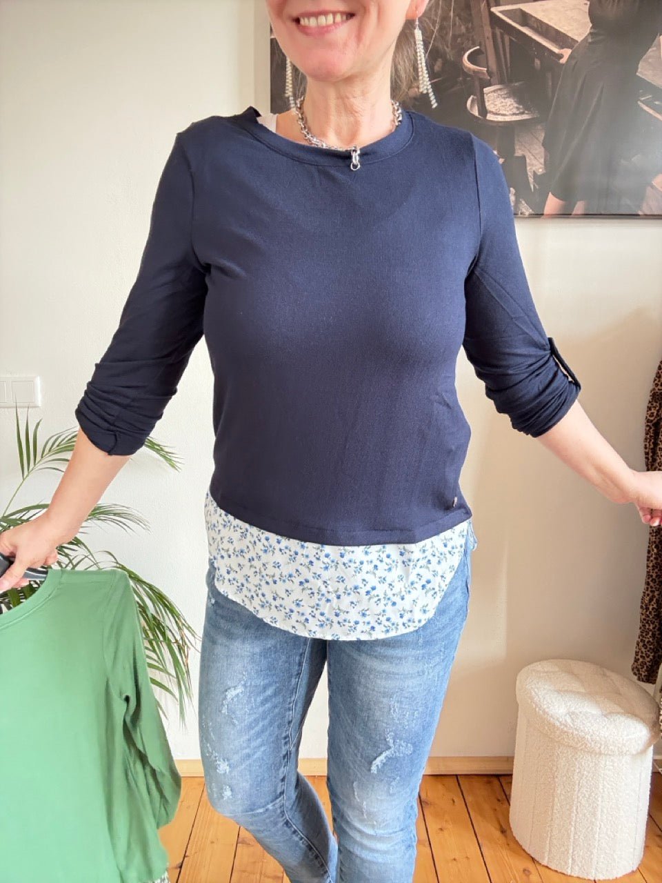 Shirt Langarm Blusenstyle Blümchen Blau - FROLLEIN KÄTHE Shop