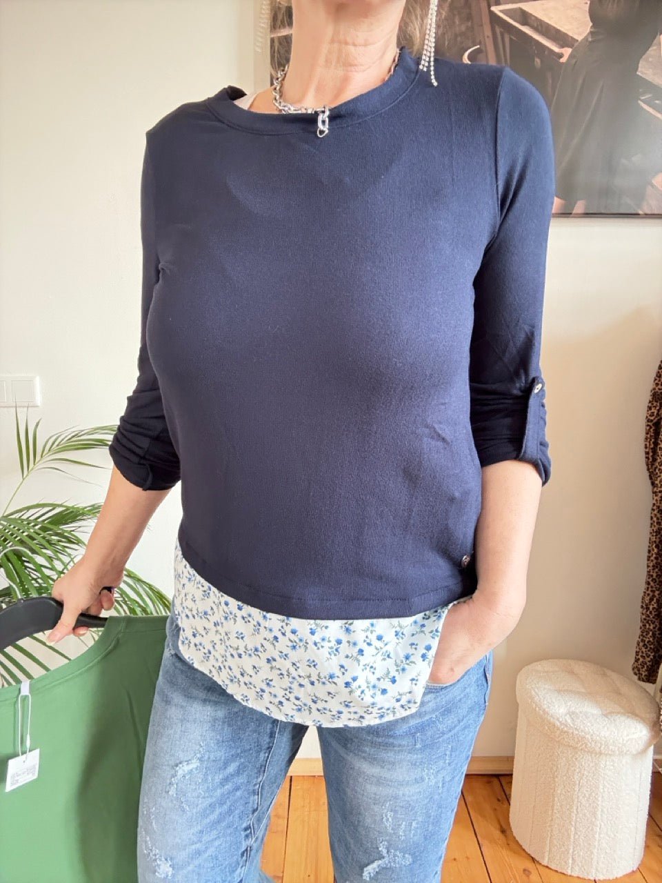 Shirt Langarm Blusenstyle Blümchen Blau - FROLLEIN KÄTHE Shop