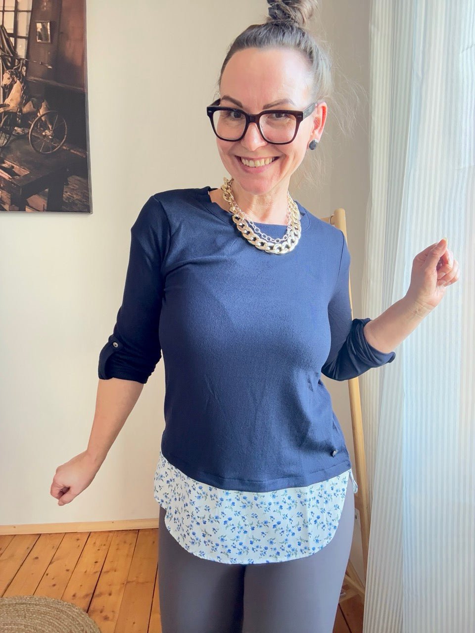 Shirt Langarm Blusenstyle Blümchen Blau - FROLLEIN KÄTHE Shop