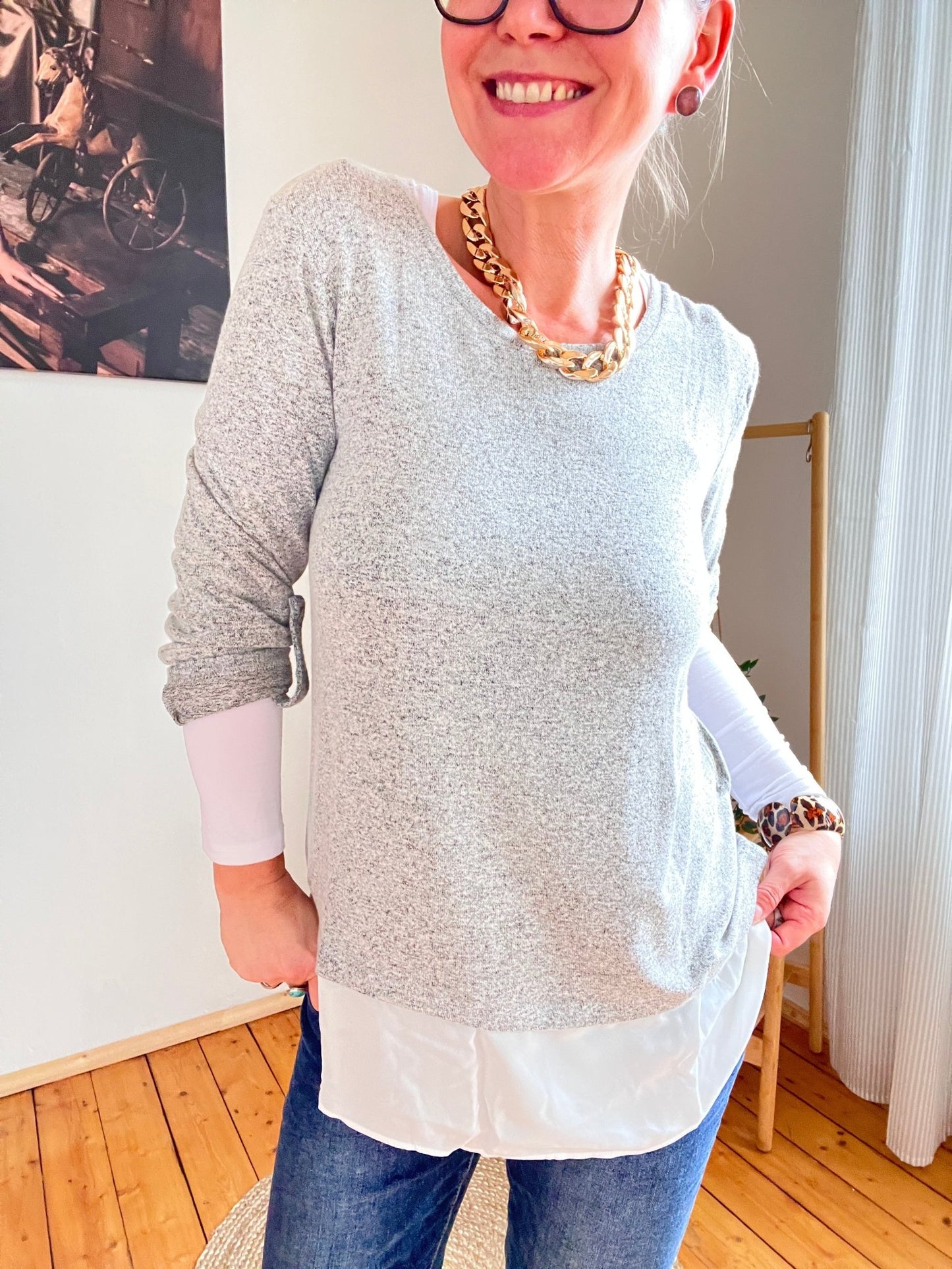 Shirt Langarm Blusenstyle Grau - FROLLEIN KÄTHE Shop