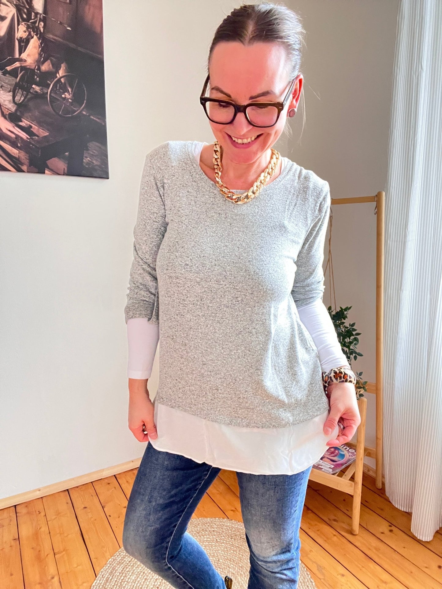 Shirt Langarm Blusenstyle Grau - FROLLEIN KÄTHE Shop