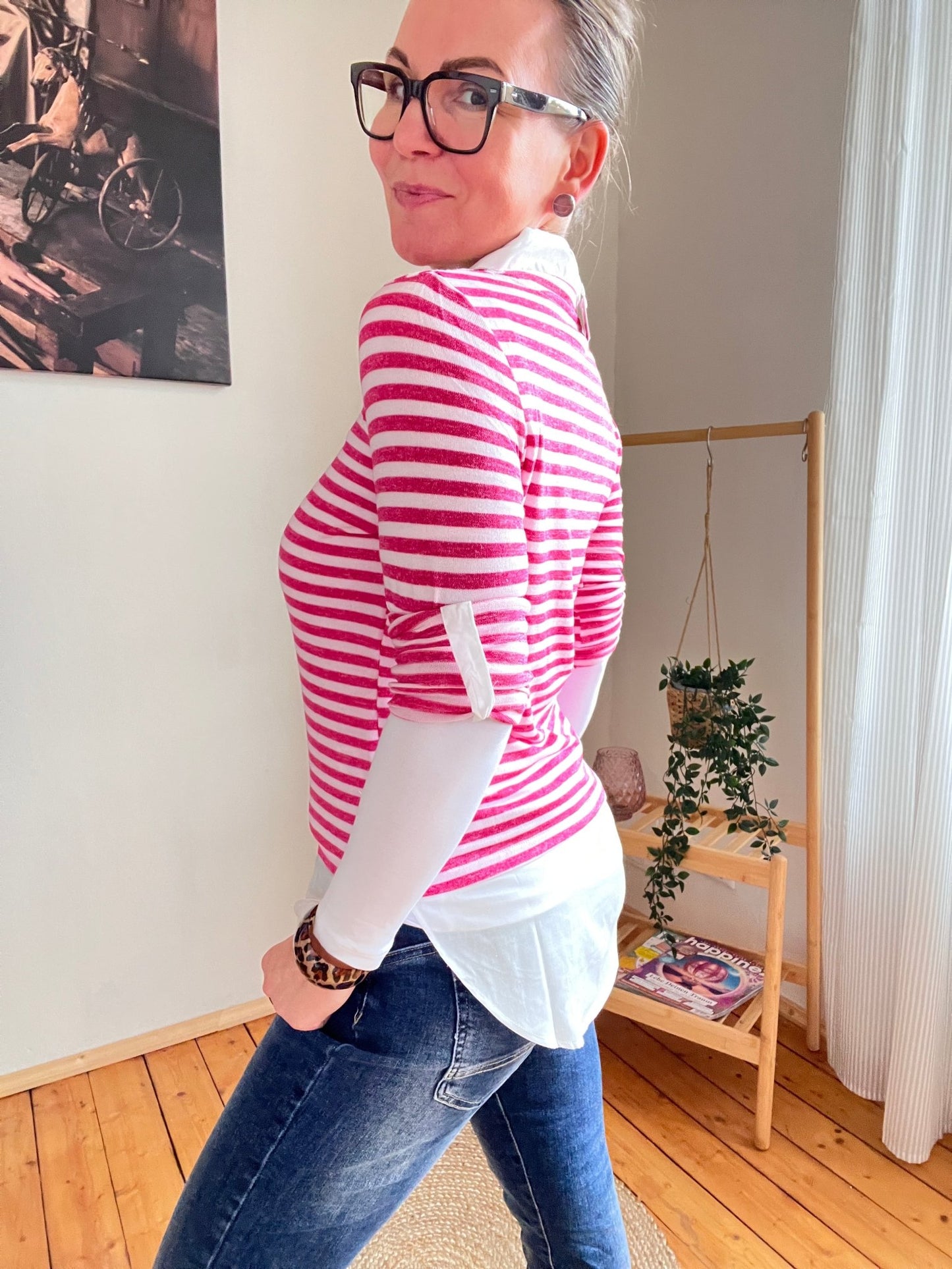 Shirt Langarm Blusenstyle Stripe Pink Berry - FROLLEIN KÄTHE Shop