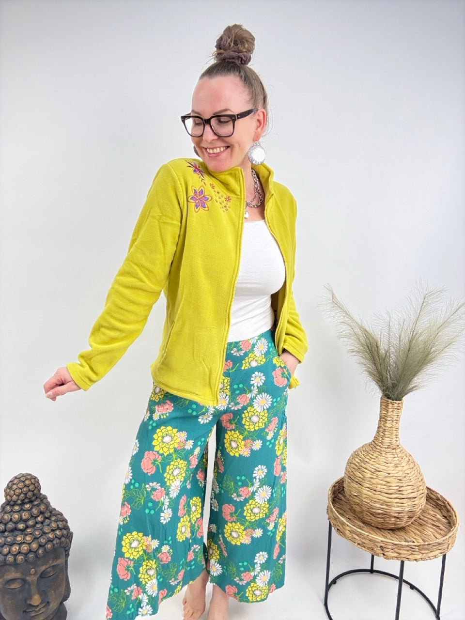 Strickjacke Fleece Flower Limette - FROLLEIN KÄTHE Shop