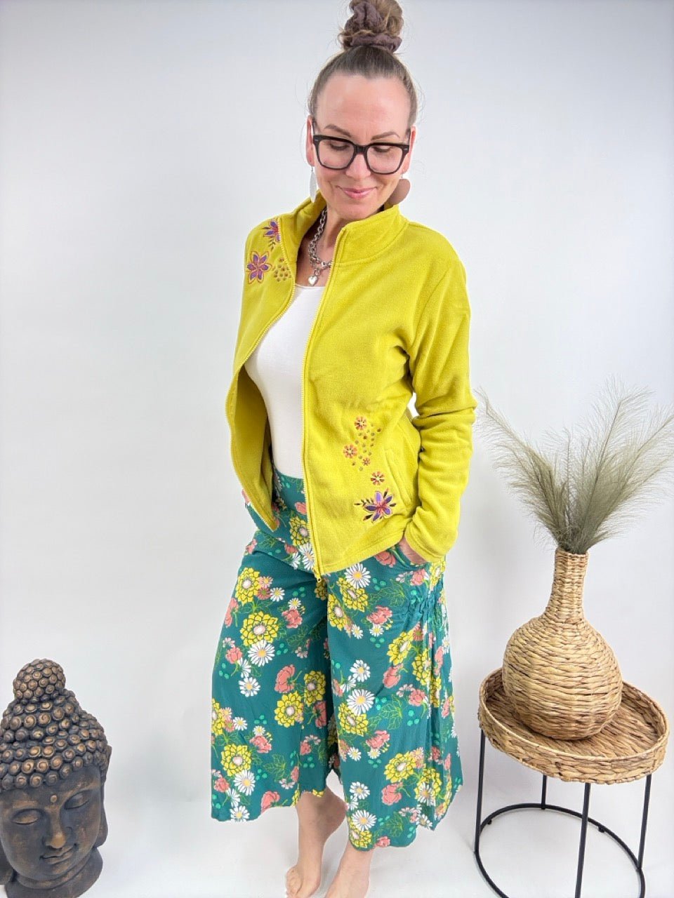 Strickjacke Fleece Flower Limette - FROLLEIN KÄTHE Shop