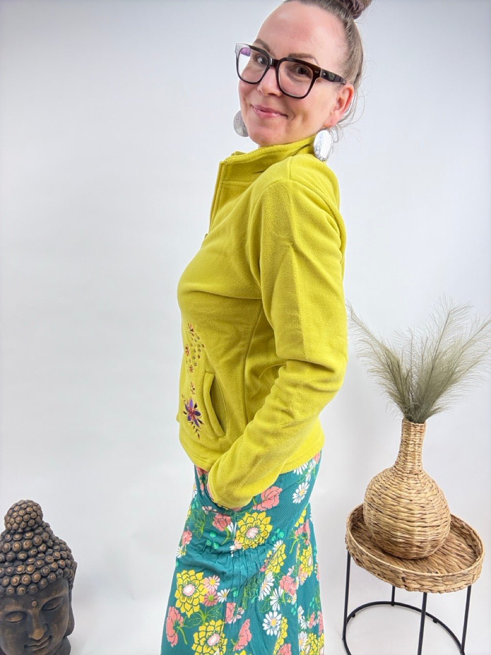 Strickjacke Fleece Flower Limette - FROLLEIN KÄTHE Shop