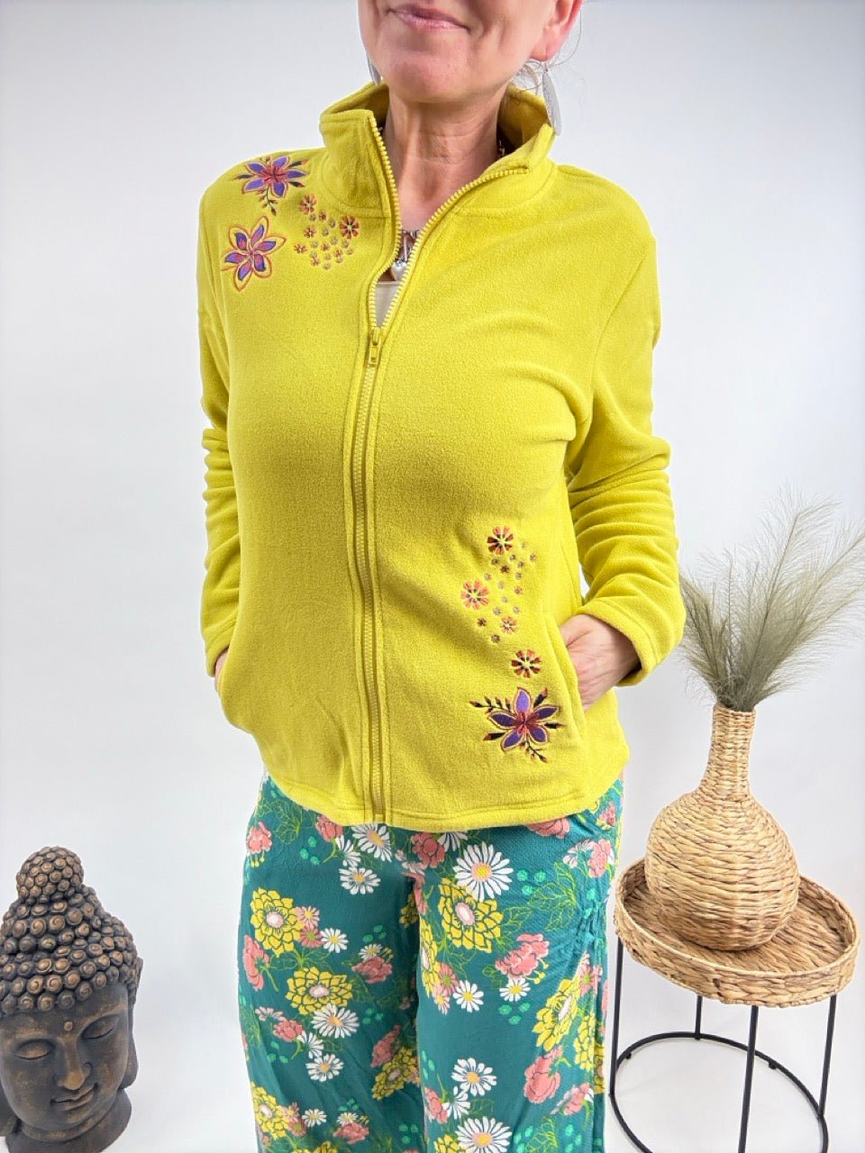 Strickjacke Fleece Flower Limette - FROLLEIN KÄTHE Shop