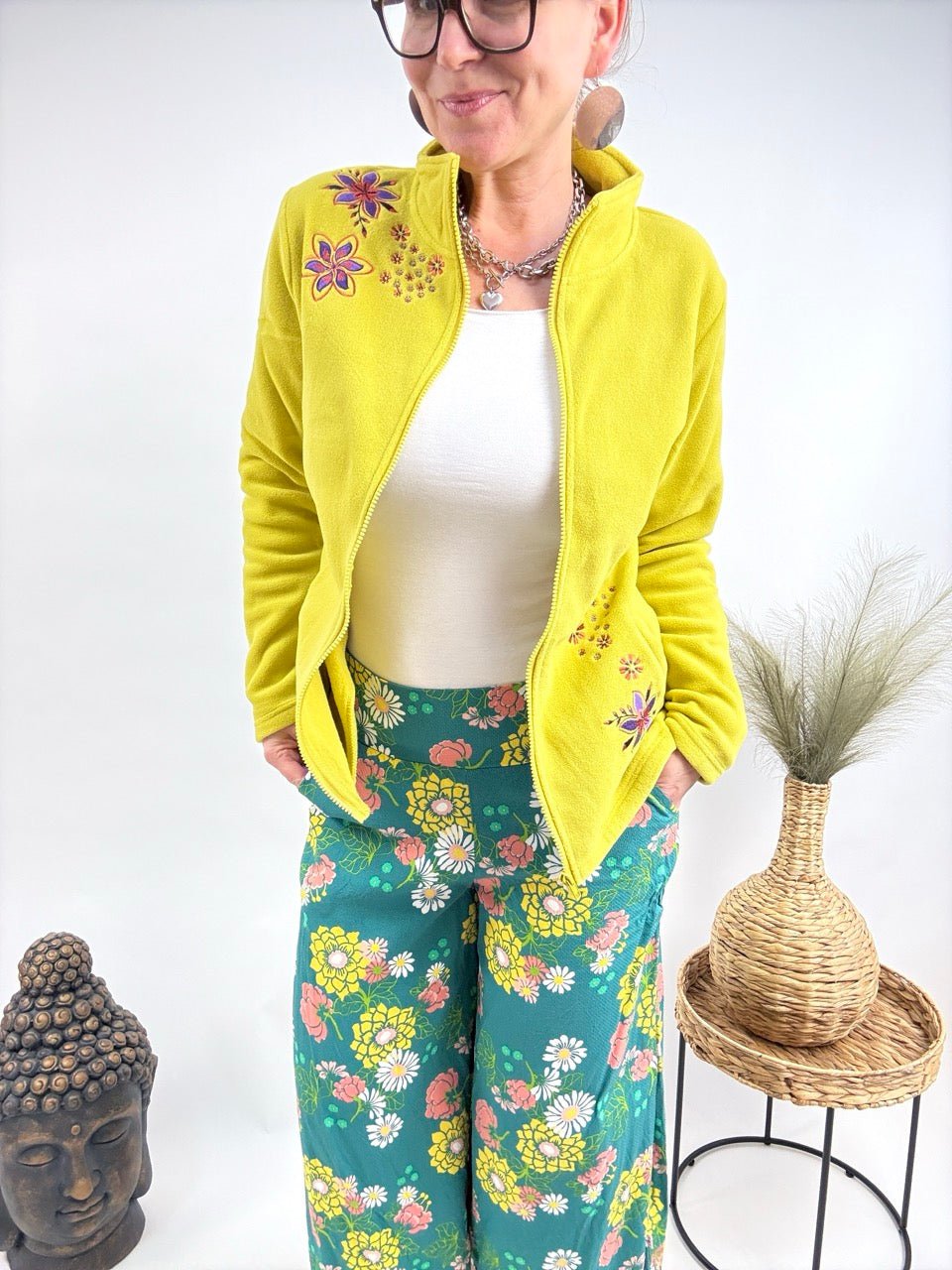 Strickjacke Fleece Flower Limette - FROLLEIN KÄTHE Shop