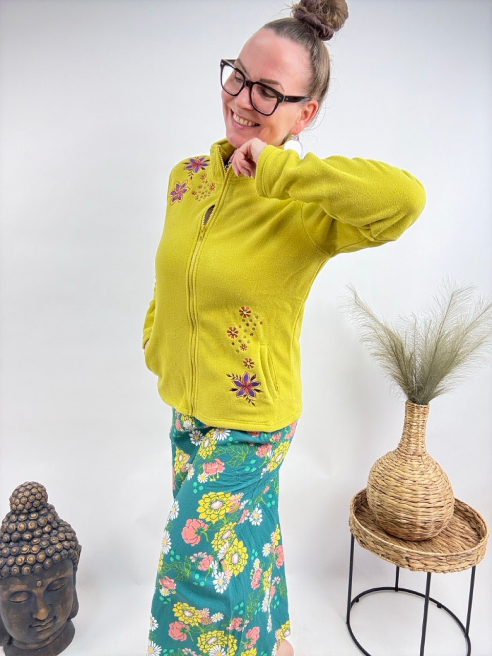 Strickjacke Fleece Flower Limette - FROLLEIN KÄTHE Shop
