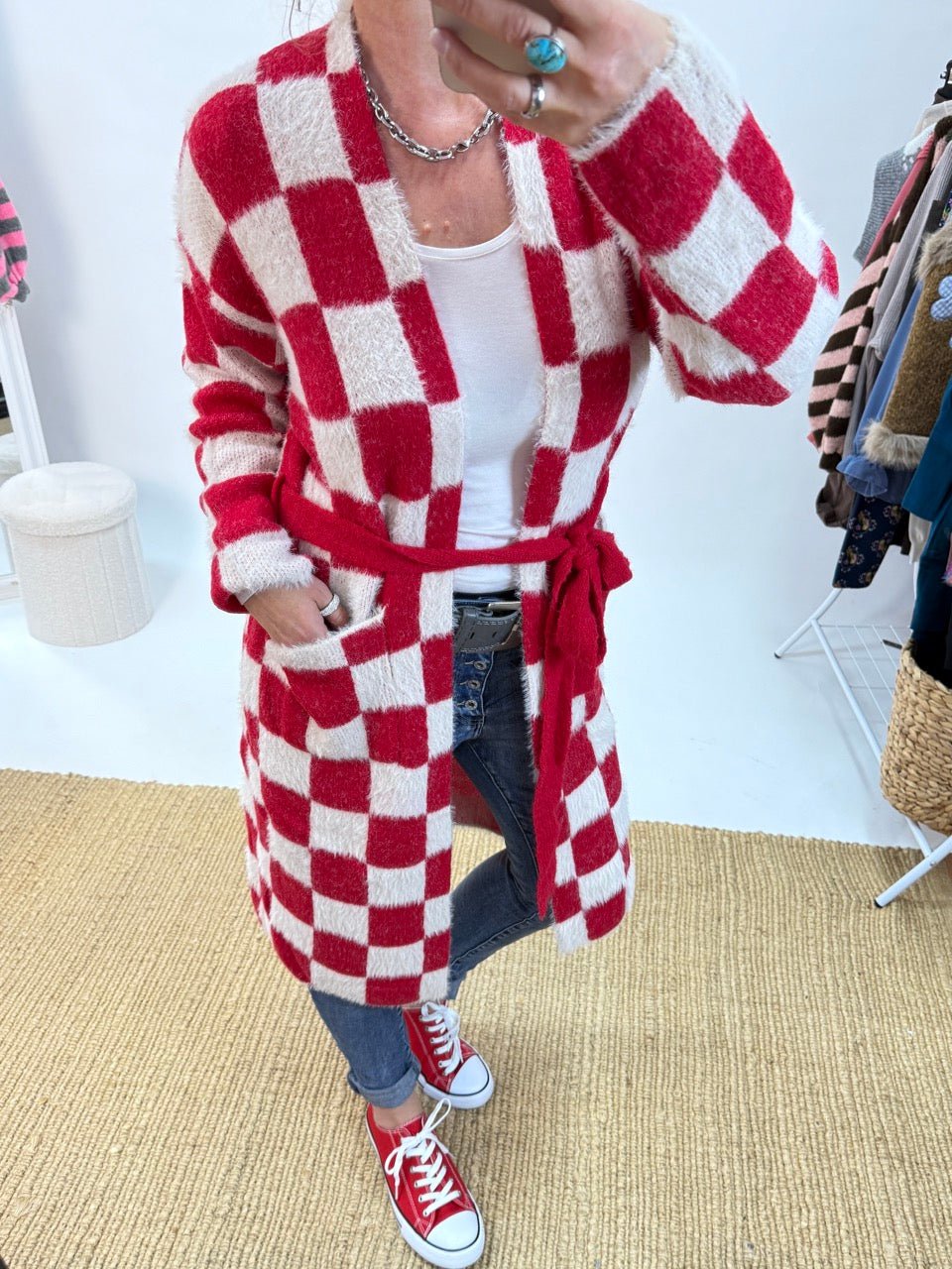 Strickjacke Nie wieder kleinkariert / Rot Weiß - FROLLEIN KÄTHE Shop