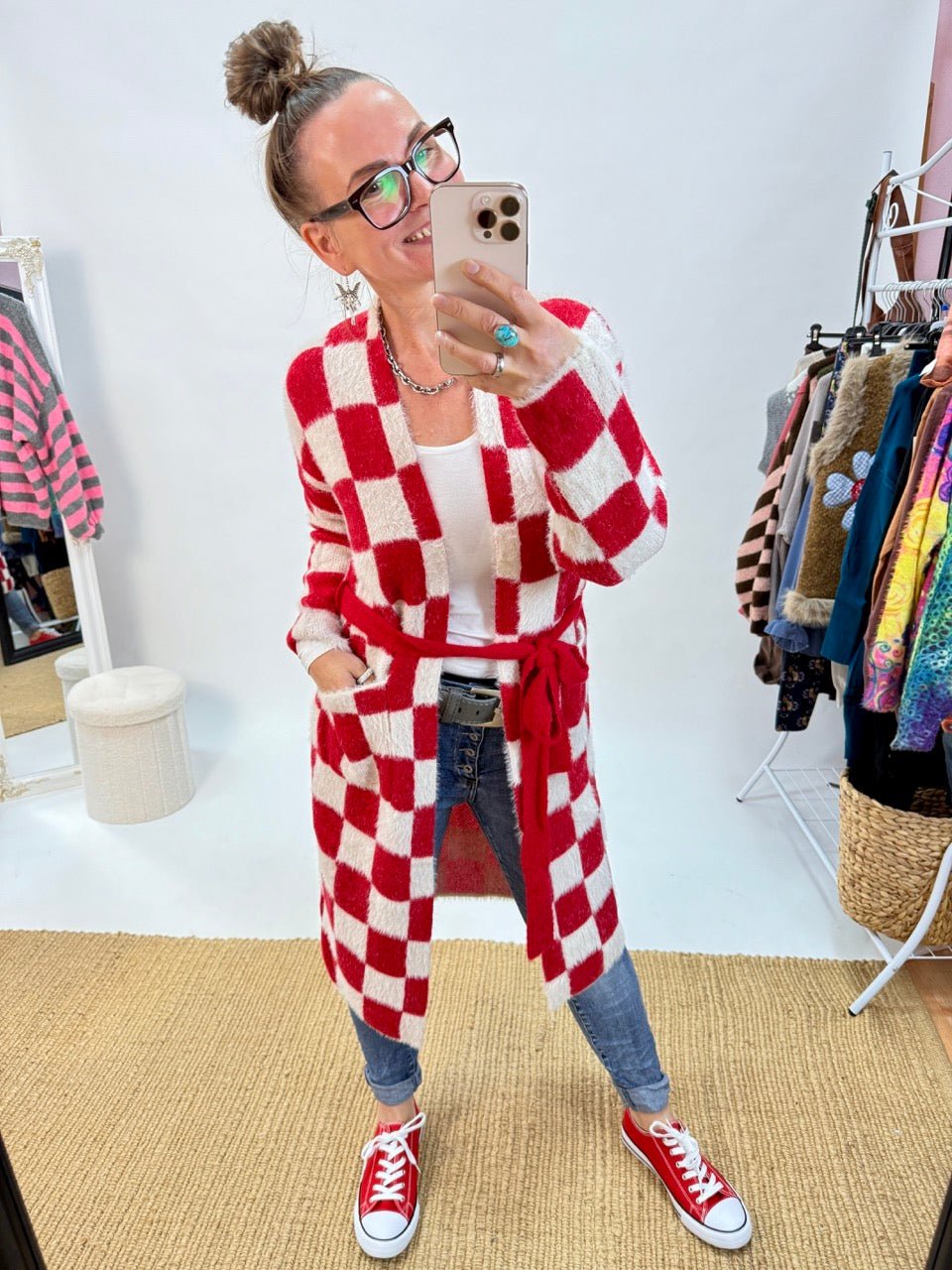 Strickjacke Nie wieder kleinkariert / Rot Weiß - FROLLEIN KÄTHE Shop
