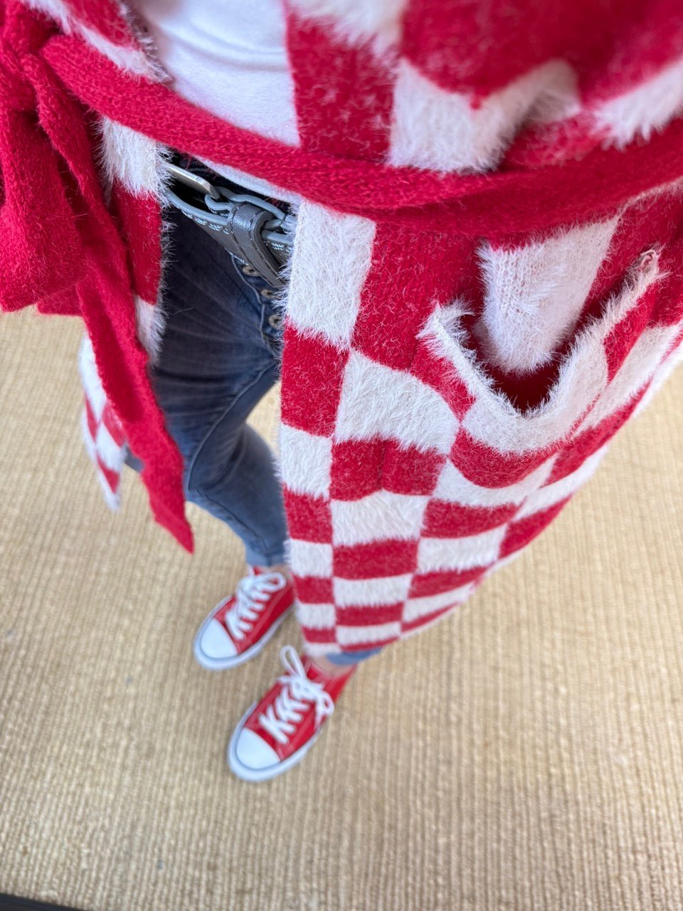 Strickjacke Nie wieder kleinkariert / Rot Weiß - FROLLEIN KÄTHE Shop