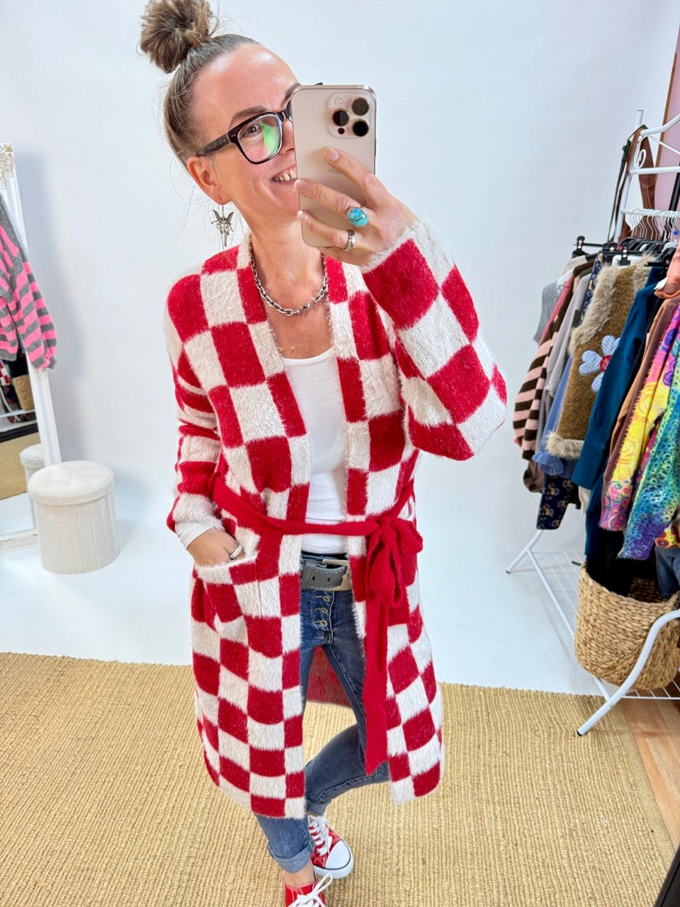 Strickjacke Nie wieder kleinkariert / Rot Weiß - FROLLEIN KÄTHE Shop