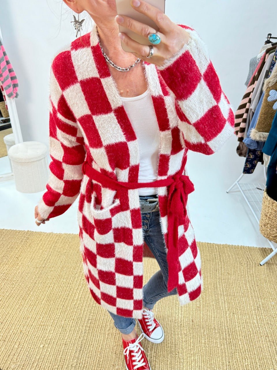 Strickjacke Nie wieder kleinkariert / Rot Weiß - FROLLEIN KÄTHE Shop