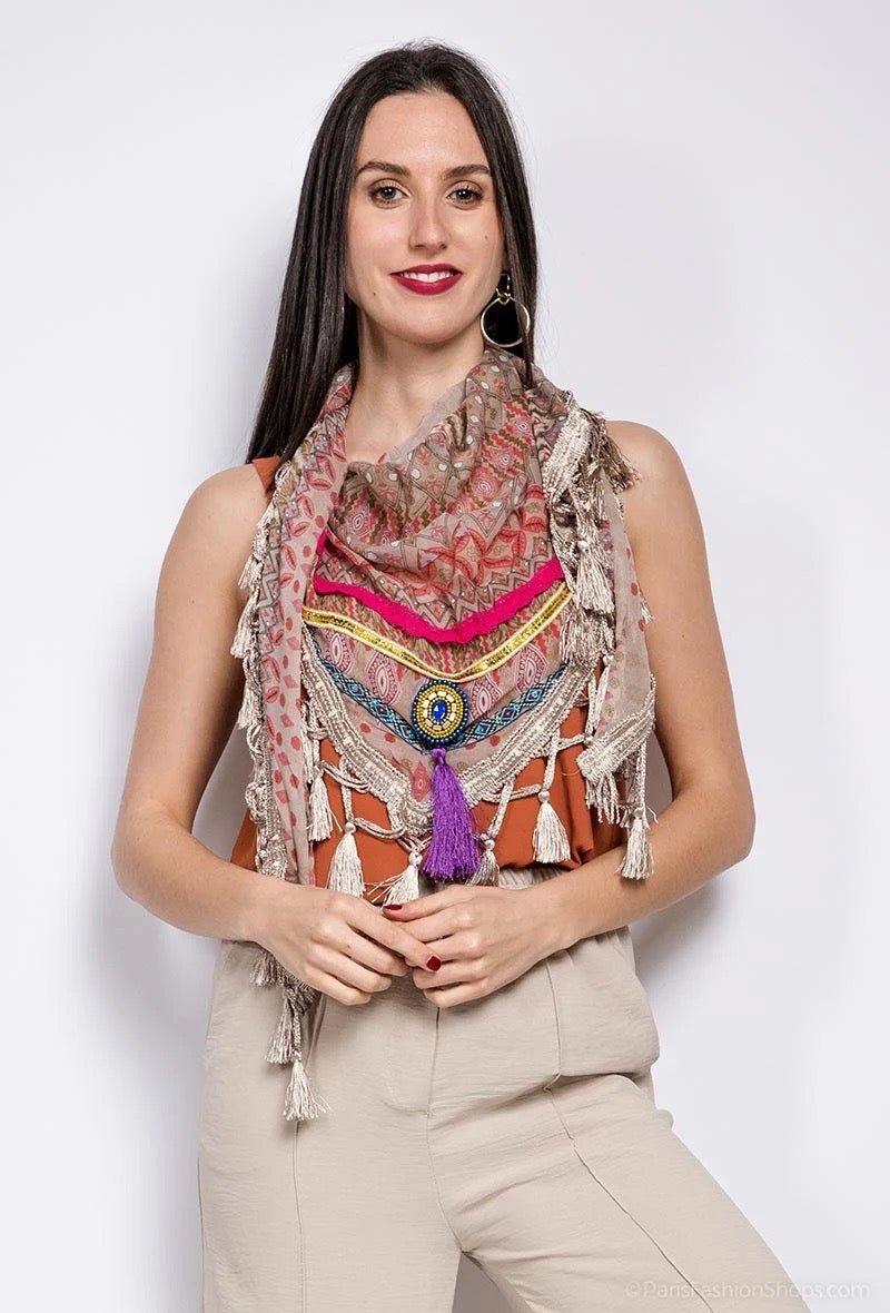 Tuch Dreiecksschal mit Fransen Taupe - FROLLEIN KÄTHE Shop